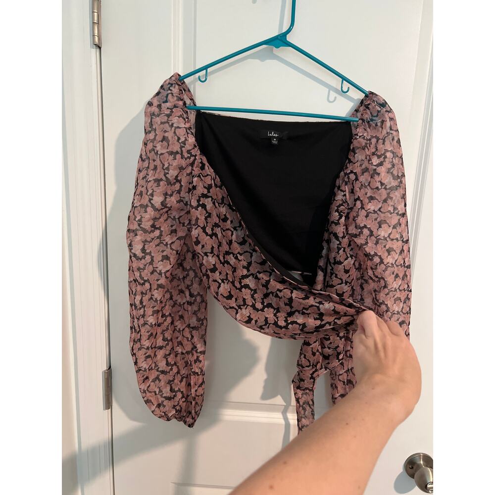Lulus Pretty Little Flower Organza Wrap Crop Top – Black Floral Print – Medium - Picture 1 of 4